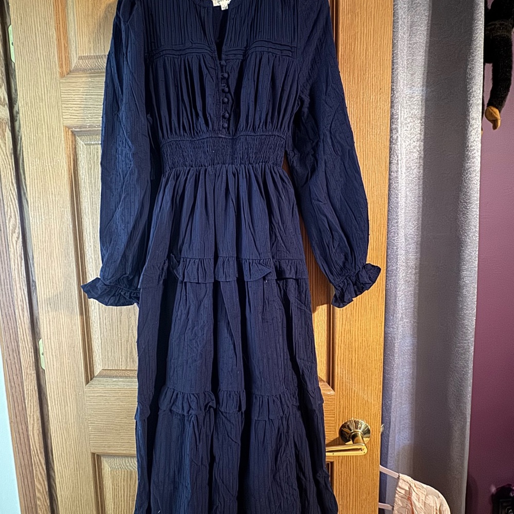 Just Me Navy Maxi Dress with Smocked Waist & Ruffle Tiers
